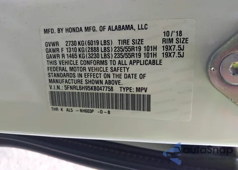 2019 Honda Odyssey Elite from USA, damaged, VIN 5FNRL6H95KB047758